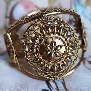 Vintage Intricate Wire Wrap Hinged Bangle Golden Brass Bracelet Bohemian Vibes
